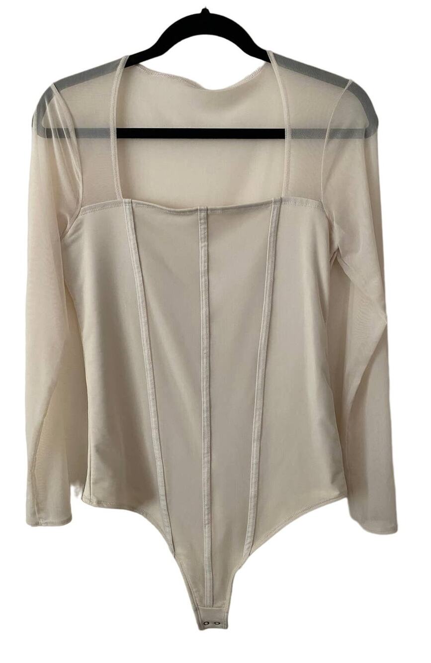 Abercrombie & Fitch Cream Sheer Long Sleeve Square Neck Bodysuit Large Romantic